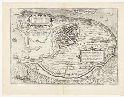 Kaart van het eiland Voorne en plattegrond van Brielle, 1572 Brillium, Holland opp. az egymás közötti holland háború miatt, amely az Üdvösség győzelmének évében, i.sz. 72. április melegében itt kezdte, híres (cím a tárgyon) alkotó: Frans Hogenberg