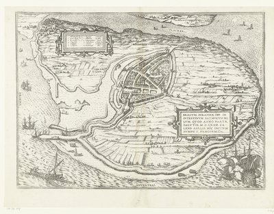 Kaart van het eiland Voorne en plattegrond van Brielle, 1572 Brillium, Holland opp. az egymás közötti holland háború miatt, amely az Üdvösség győzelmének évében, i.sz. 72. április melegében itt kezdte, híres (cím a tárgyon) alkotó: Frans Hogenberg