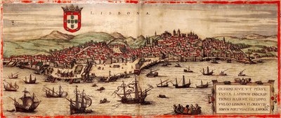 Kilátás Lisszabonra és a Tejo folyóra innen: Világtérkép, 1572 alkotó: Frans Hogenberg