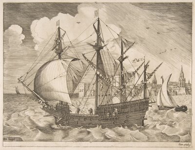 Fegyveres négyfős tengerre bocsátás a vitorláshajóktól, kb. 1555-56. alkotó: Frans Huys
