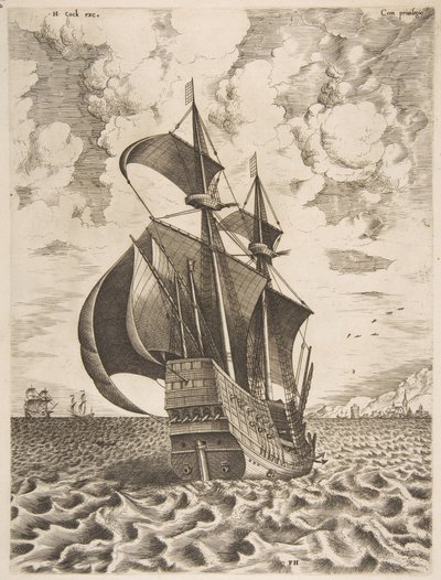 Fegyveres négyfős vitorlázás a kikötő felé a vitorláshajóktól, 1561-65. alkotó: Frans Huys
