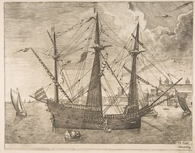 Fegyveres háromfős horgonyzott egy város közelében a vitorlás hajóktól, kb. 1555-56. alkotó: Frans Huys