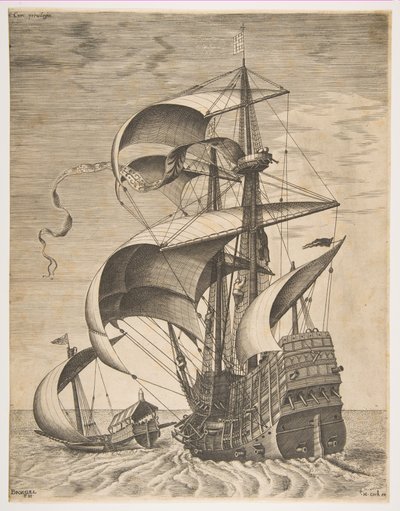 Fegyveres hárommester a nyílt tengeren Gálya kíséretében, a Sailing Ves... sorozatból, 1561-65. alkotó: Frans Huys