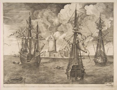Négy mester bal és két három mester egy Fénnyel megerősített sziget közelében horgonyozva..., 1561-65. alkotó: Frans Huys