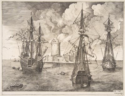 Négy mester és két három mester horgonyozva egy megerősített sziget közelében a The Sailing Ves-ből..., 1561-65. alkotó: Frans Huys