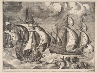 Három karavel felszálló viharban Arionnal egy delfinen a The Sailing Vesselsből, 1561-65. alkotó: Frans Huys