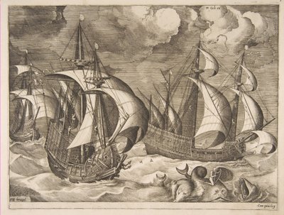 Három karavel felszálló viharban Arionnal egy delfinen a The Sailing Vesselsből, 1561-65. alkotó: Frans Huys