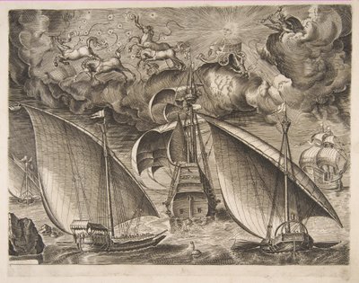 Két gálya vitorlázik egy fegyveres hárommester mögött Phaetonnal és Jupiterrel az égen, f..., 1561-65. alkotó: Frans Huys