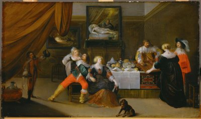 Társadalmi jelenet Danae képével a háttérben alkotó: Frans III Francken
