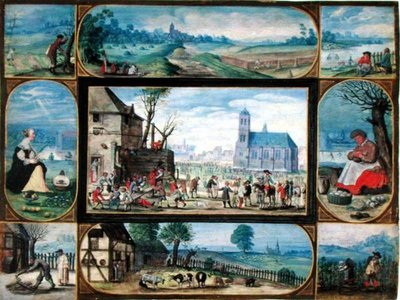 A városi és vidéki élet tíz allegorikus jelenetéből álló összeállítás (gouache, arany érintéssel a pergamen) alkotó: Frans II the Younger Francken
