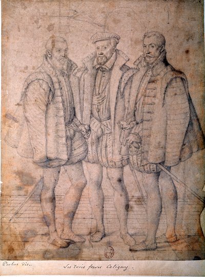 A három Coligny portréja: Odet bíboros (1515-1571), Gaspard (1517-1572), Franciaország admirálisa és Francois (1521-1569), Andelot ura. Rajz Fransnak (Francois (Franz) Pourbus l