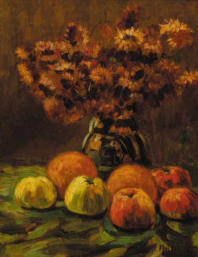 Alma, narancs és egy váza virág az asztalon (olaj a panelen) alkotó: Frans Mortelmans