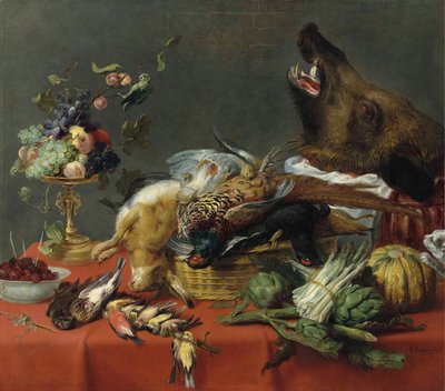 Vadhússal, gyümölcsökkel, zöldségekkel és egy vaddisznófejjel megrakott, drapírozott asztal. alkotó: Frans Snyders
