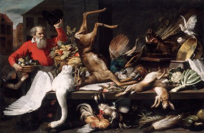 Csendélet halott vadakkal, gyümölcsökkel és zöldségekkel a piacon alkotó: Frans Snyders