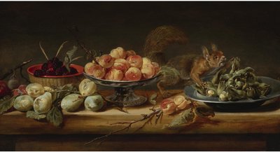 Csendélet őszibarackkal egy tazzában, mogyoróval egy óntányéron, málnával egy kosárban, körtével és mókussal egy asztalon.
olaj, tábla alkotó: Frans Snyders