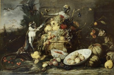 Három majom gyümölcsöt lop, kilátással a tájra alkotó: Frans Snyders