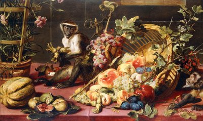 Egy kiömlött gyümölcskosár egy terített asztalon majmokkal, alkotó: Frans Snyders or Snijders