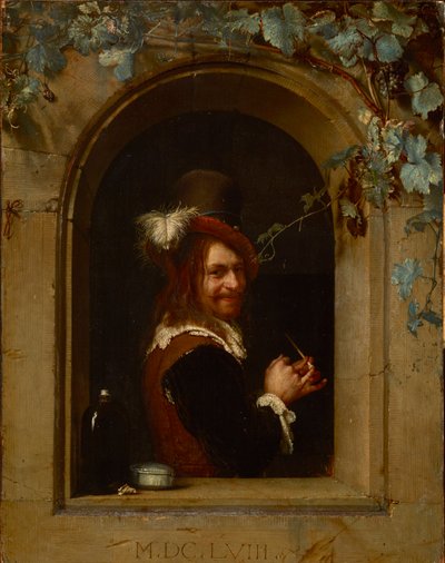 Férfi pipával az ablakon – Ember pipával az ablakon, Mieris, Frans van Mieris de Oudere vagy az idősebb (1635-1681). Olaj, fa, kb 1658. Mérete: 20x15,5 cm. Brukenthal Nemzeti Múzeum, Nagyszeben alkotó: Frans van Mieris