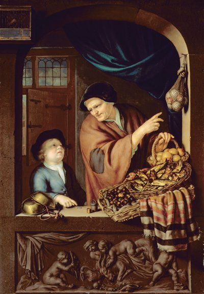 The Chesnut and Kipper Seller, 1722 (olaj, tölgy) alkotó: Frans van Mieris