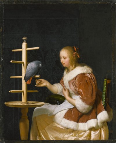 Fiatal nő papagájt etet, 1663. alkotó: Frans van Mieris the Elder