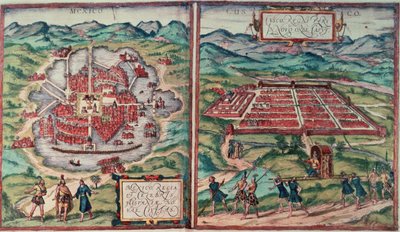 Mexikóváros (Mexikó) és Cusco City (Peru) tervei Carl Nebel "Voyage Pittoresque" című művéből (színes metszet) (lásd: 141102) alkotó: Franz (after) Hogenberg