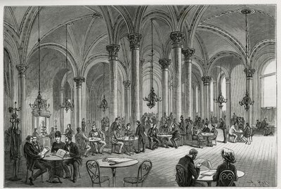 A központi kávézó Bécsben (Ausztria). Kollarz metszete, M. Newlinski Bécs és külvárosa című történetének illusztrálására, 1881-ben, a Tour du monde-ban jelent meg Edouard Charton (1807-1890) irányításával alkotó: Franz (after) Kollarz