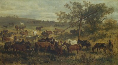 Lovak egy vályúnál, 19. század alkotó: Franz Adam