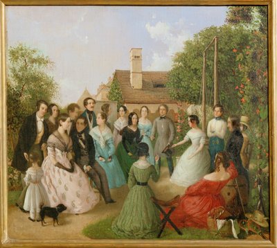 Pfaenderspiele der Familienmitglieder Alt im Garten - Az Alt-család kertjében játszott veszteségi játék ... (festmény, vászon) alkotó: Franz Alt