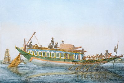 Badjera, egy kabinos folyami hajó, nagy lapátkormánnyal, „A hinduk, avagy viselkedésük, jelmezeik és szertartásaik leírása”, 1808–1812 (színes rézkarc) alkotó: Franz Balthazar Solvyns