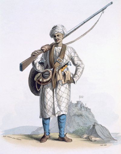 Behaleea vagy hindu katona, E. Orme „India jelmezei” című könyvéből, 1804 (színes rézkarc) alkotó: Franz Balthazar Solvyns