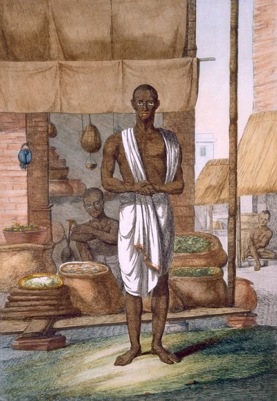 Élelmiszerbolt a boltja előtt zsákos árukkal, a „A hinduk, avagy viselkedésük, jelmezeik és szertartásaik leírása”, 1808-1812 körül (színes rézkarc) alkotó: Franz Balthazar Solvyns