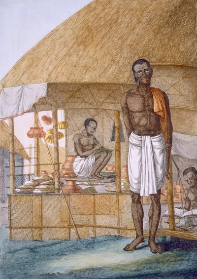 Boltos, aki edényeket, banánt és gabonát árul, „A hinduk, vagy viselkedésük, jelmezeik és szertartásaik leírása”, 1808–1812 (színes rézkarc) alkotó: Franz Balthazar Solvyns