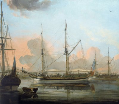 A bangladesi Chittagongból érkező "Charlotte" hajó és más hajók a Hugli folyóban (India), Kalkuttában horgonyoznak. Olaj, vászon alkotó: Franz Balthazar Solvyns