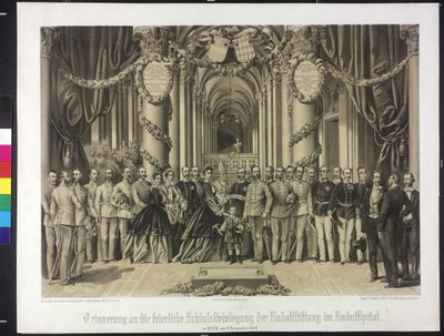 Emlékezés a Rudolf-alapítvány sírkövének ünnepélyes elhelyezésén a Rudolfspitalban 1864 (litográfia) alkotó: Franz Gerasch