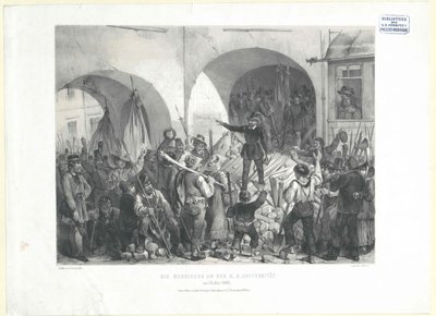A barikád a k. k. egyetem 26. szám alatt. május 1848 (litográfia) alkotó: Franz Gerasch