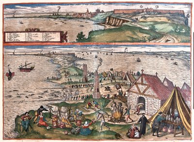Cadiz, Spanyolország. (Fent: Szent Sebastian kápolna, lent: Cadiz tonhalhalászata. Középen az őrtornyok (metszet) alkotó: Franz Hogenberg