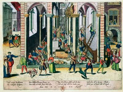 Ereklyék és szobrok megsemmisítése a templomokban, 1566. április (színes metszet) alkotó: Franz Hogenberg