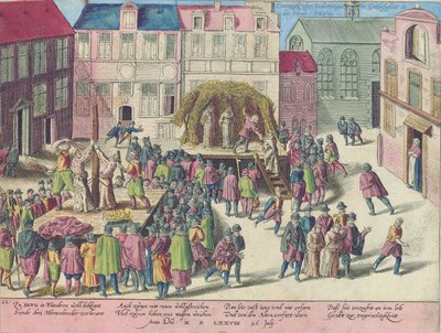 Kivégzés Bruges-ben három szerzetes felgyújtásával szodómia miatt, 1578. június 28. alkotó: Franz Hogenberg