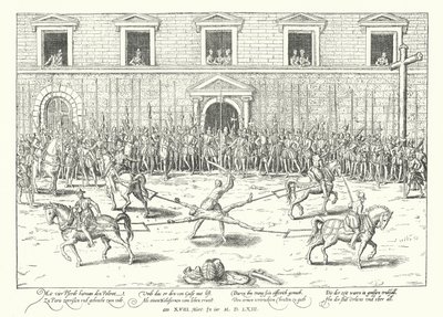 Jean de Poltrot kivégzése Ferenc Guise herceg meggyilkolása miatt, Párizs, 1563 alkotó: Franz Hogenberg