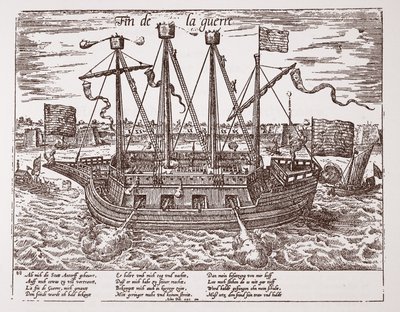 "Fin de la Guerre", az Egyesült Tartományok számára épített hadihajó, 1585. alkotó: Franz Hogenberg