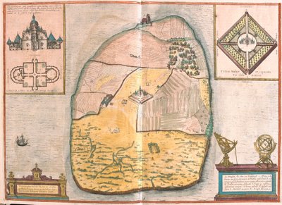 Ven sziget és Uranienborg, Tycho Brahe palotája és csillagvizsgálója ezen a szigeten, a Sundban (metszet alkotó: Franz Hogenberg