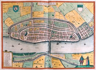 Kampen és az IJssel folyó vagy Yssel, Hollandia (metszet alkotó: Franz Hogenberg