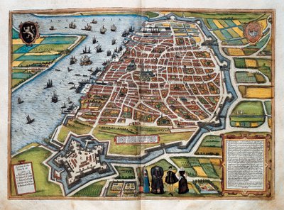 Antwerpen térképe a "Világ városai"-ból (színes metszet) alkotó: Franz Hogenberg