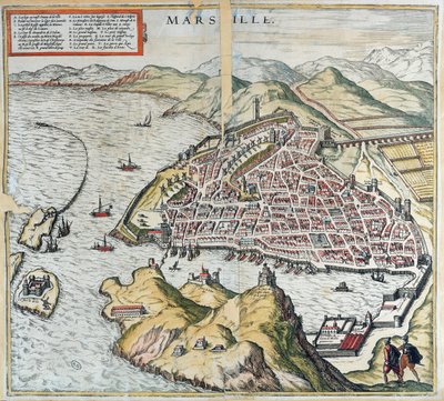 Marseille látképe a 16. században, balra lent a leprások kórháza, Georg Braun "Le Théâtre du Monde" című művéből, 1599. alkotó: Franz Hogenberg