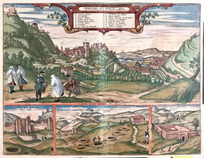 Kilátás az Alhambrára Granada városával, Spanyolország: a tetején az Alhambra kilátása a Cerro del Sol-dombon. A bal alsó nézetben az Alhambra zárt ajtói láthatók. Középen a Masmoros barlangok torkolatai találhatók. A nagy szerkezet jobb alsó sarokban alkotó: Franz Hogenberg