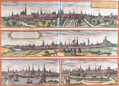 Brunswick (Brusvicum), Lüneburg (Loneburgum), Breme (Brema) és Oldenburg (Aldenburgum), Németország (rézkarc) kilátásai alkotó: Franz Hogenberg