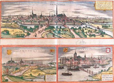 Groningen (Groeninga), Brouwershaven (Broversavia) és Gorinchem (Goricum) kilátásai Hollandiában (rézkarc alkotó: Franz Hogenberg