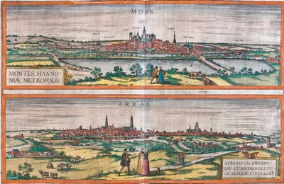 Mons (Montes) (Belgium) és Arras, Franciaország kilátásai (rézkarc alkotó: Franz Hogenberg