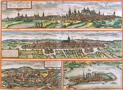 Nürnberg (Nurnberga), Ulm (Ulma), Lindau (Lindola), Németország és Salzburg (Salisburgensis) kilátásai Ausztriában (rézkarc alkotó: Franz Hogenberg