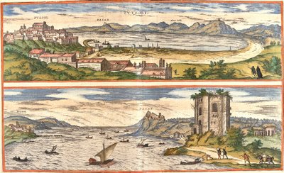 Kilátás Pozzolira (Puteoli) és öblökre (Baiae) (a mai Baia), Olaszországban, a Nápolyi-öböl termálfürdőinek ősi maradványaival és egy erőddel (rézkarc) alkotó: Franz Hogenberg